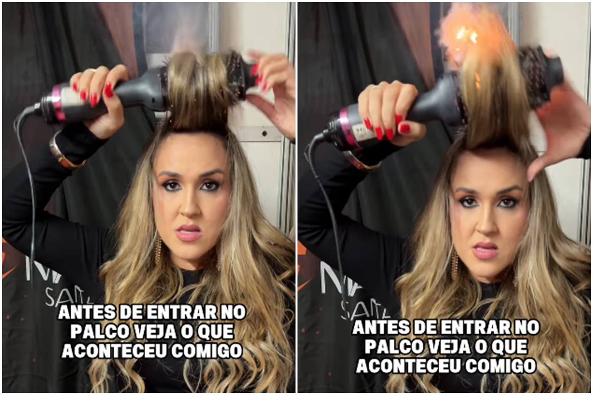 Vídeo: escova modeladora pega fogo em cabelo de cantora de forró