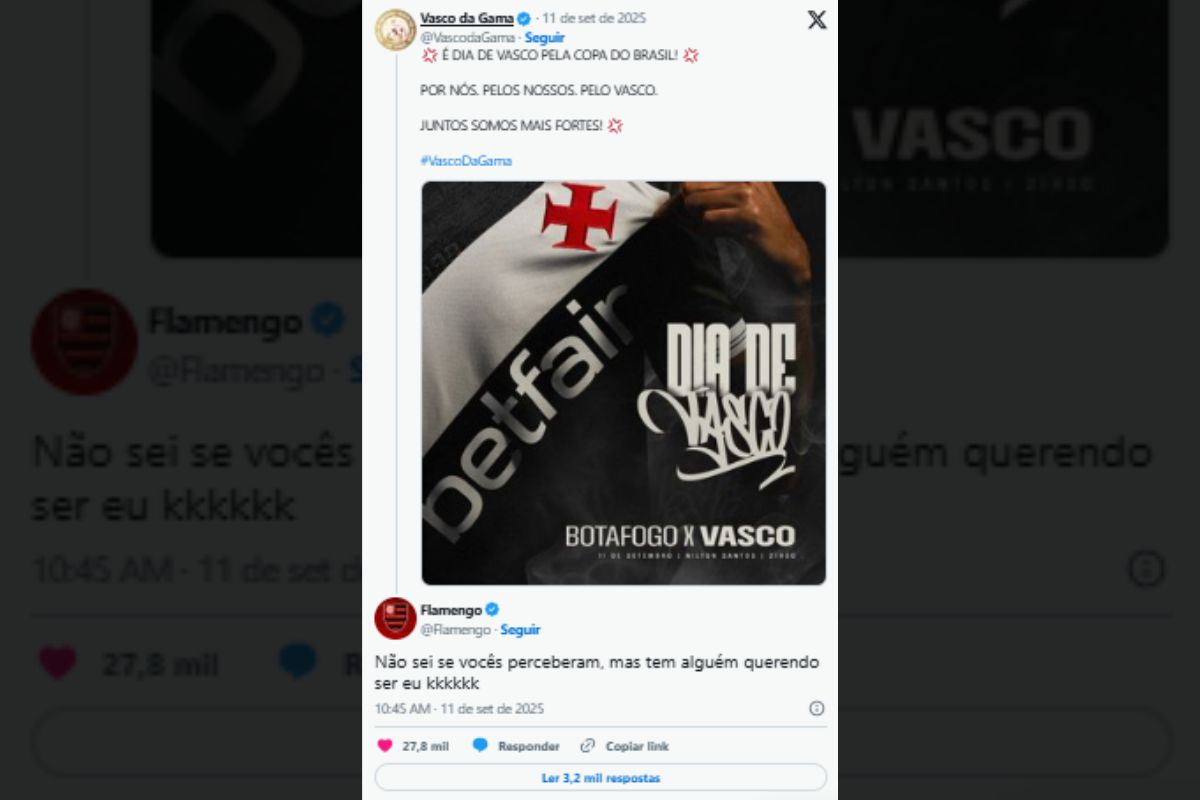 Perfil oficial do Flamengo zoa Vasco nas redes sociais. Confira