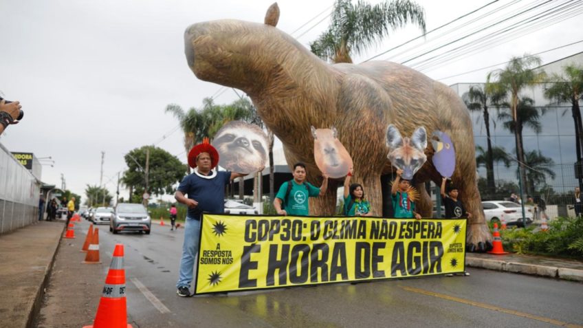Grupo indígena protesta na Pré-COP30 com capivara inflável