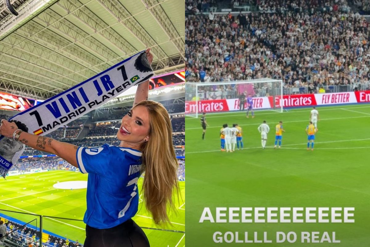 Virginia faz surpresa pra Vini Jr. durante jogo na Espanha