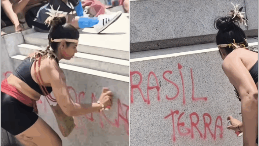 Manifestante é levada pela PM após pichar estátua em ato contra anistia