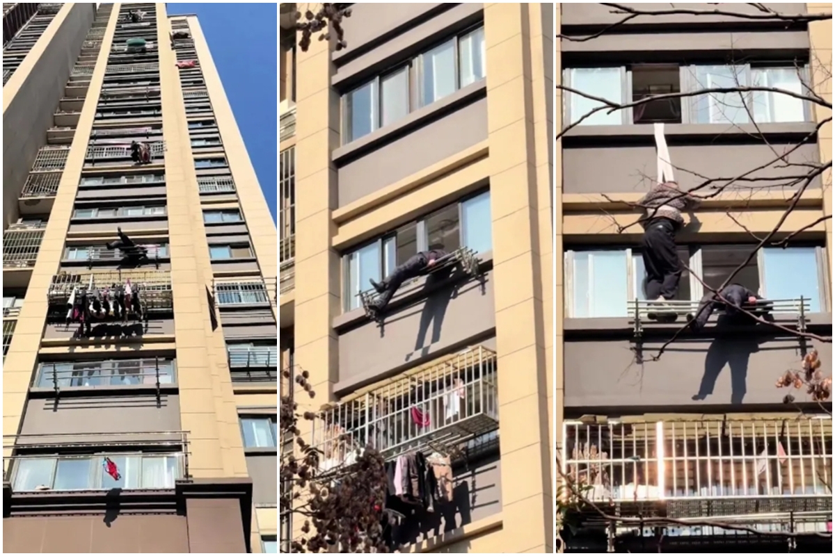 China: homem cai do 15º andar de prédio e é salvo por varal no 7º. Vídeo